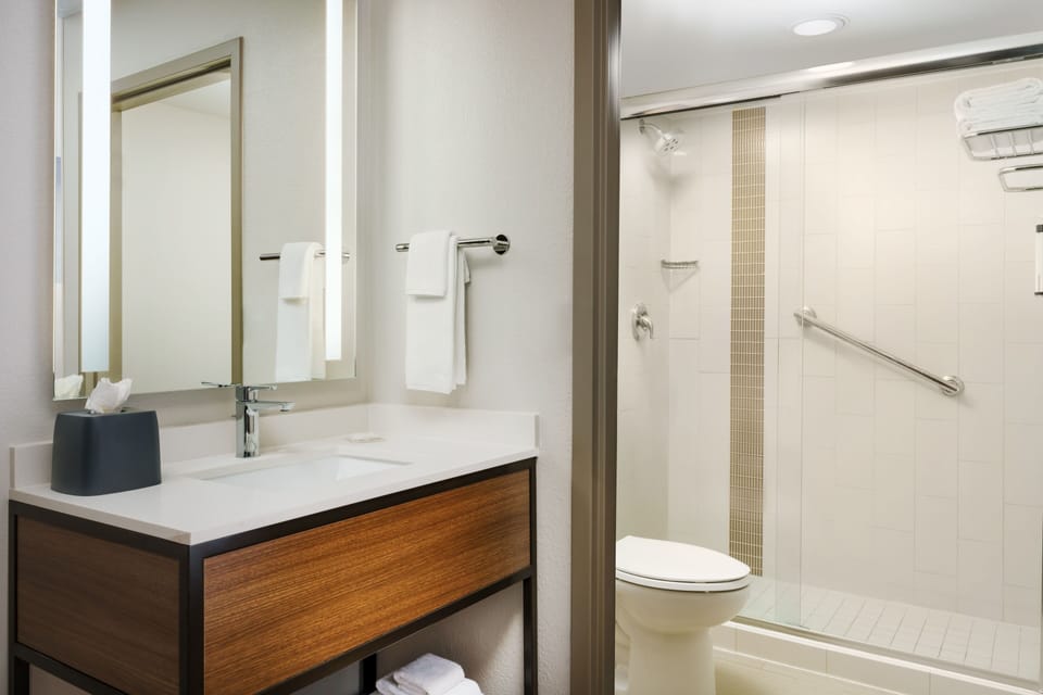 Designer toiletries, hair dryer, towels