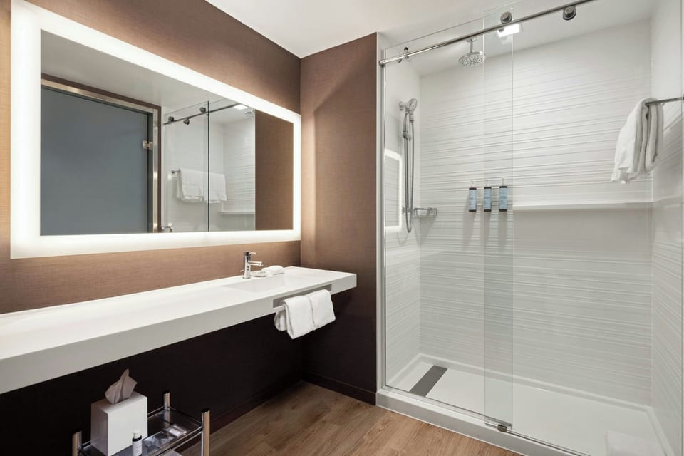 Shower, free toiletries, hair dryer, towels