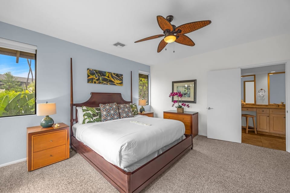 Relax in the king-size bedroom with wide glass windows
