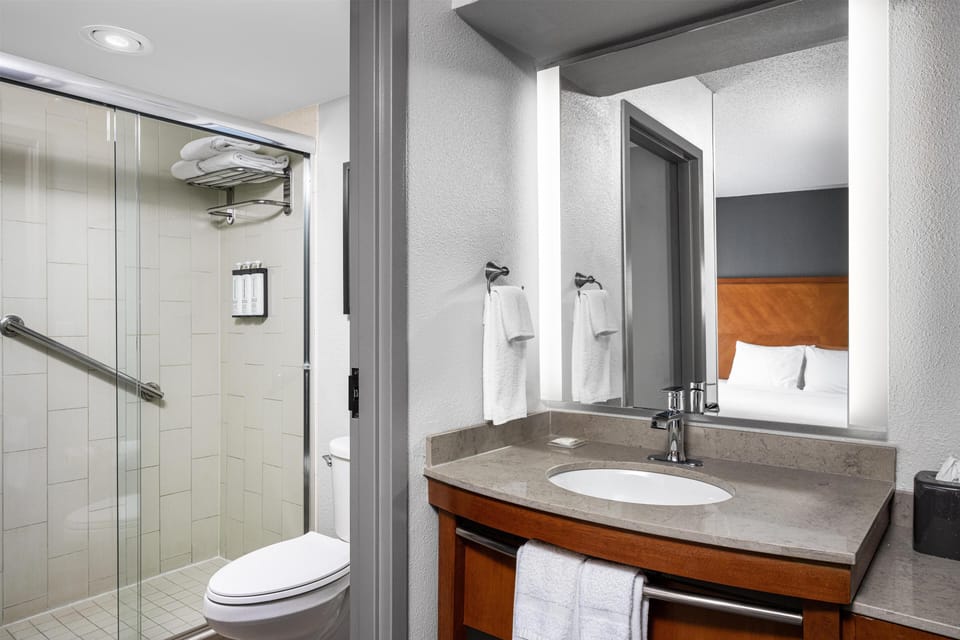 Designer toiletries, hair dryer, towels