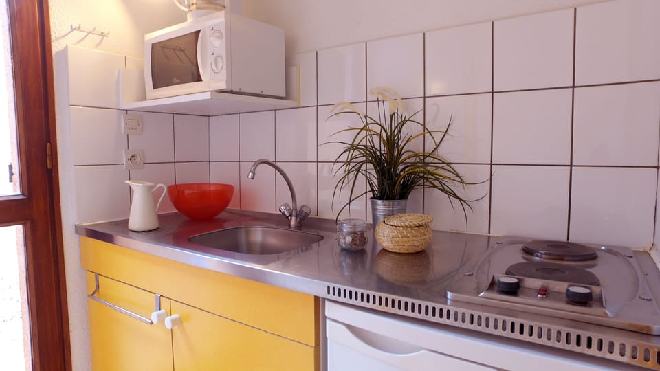 Fridge, microwave, stovetop, electric kettle