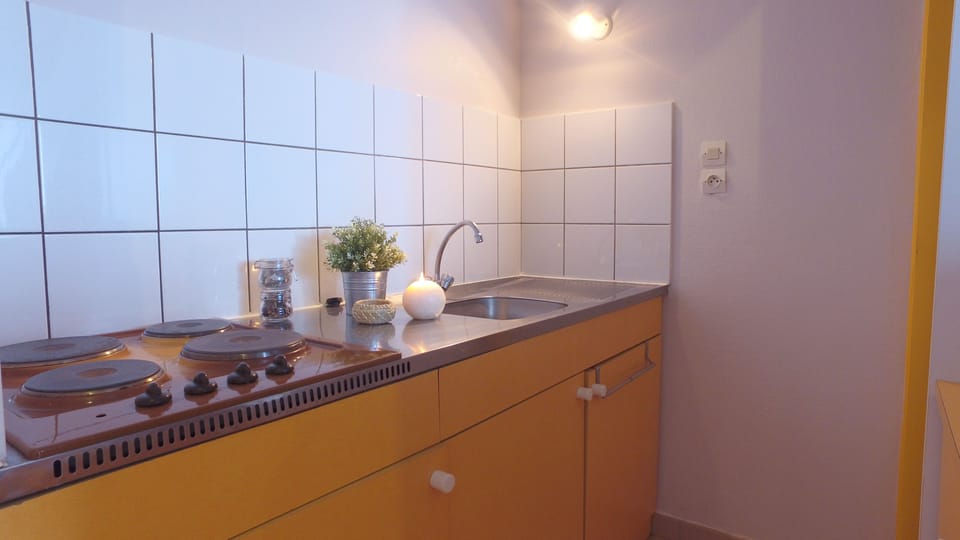 Fridge, microwave, stovetop, electric kettle