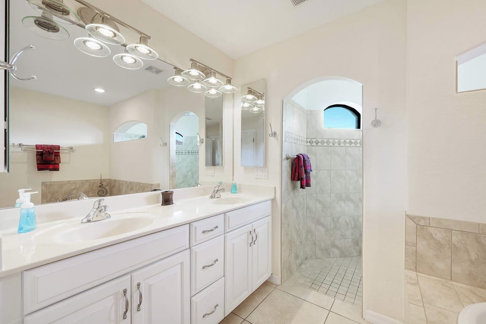 The master bathroom with dual sinks