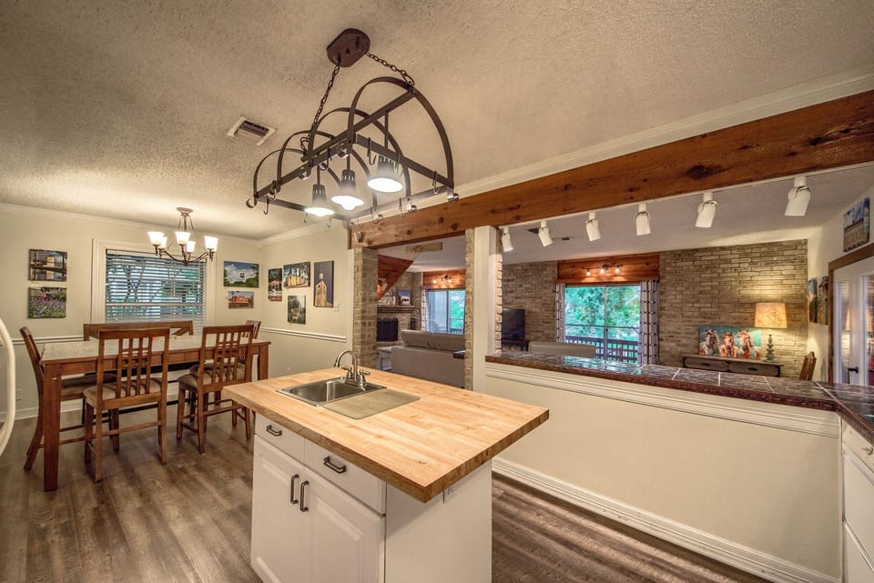 Spacious fully stocked kitchen with island.