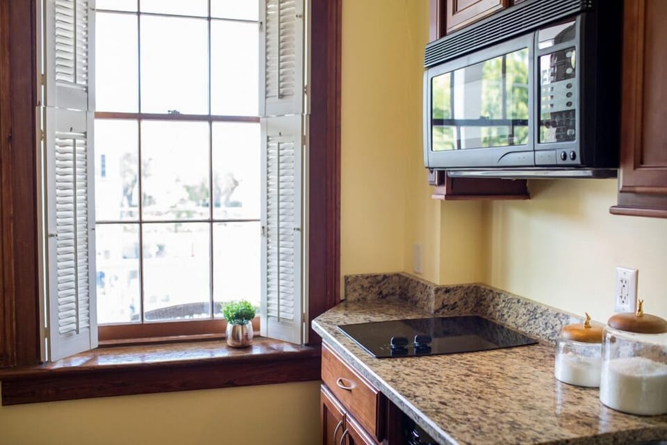 Plantation shutters open to allow plenty of natural light into the home.