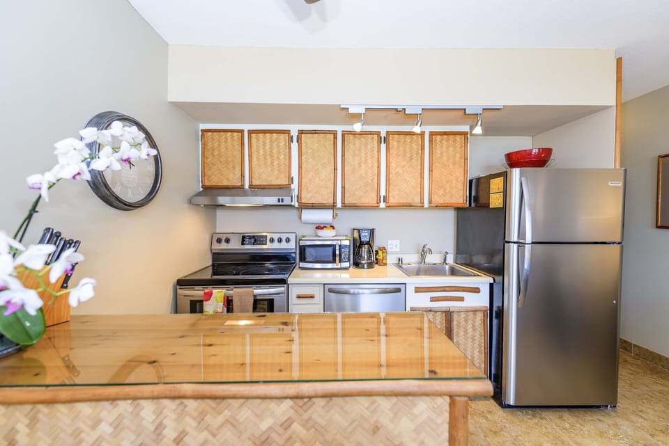 bamboo kitchen with stainless steel appliances