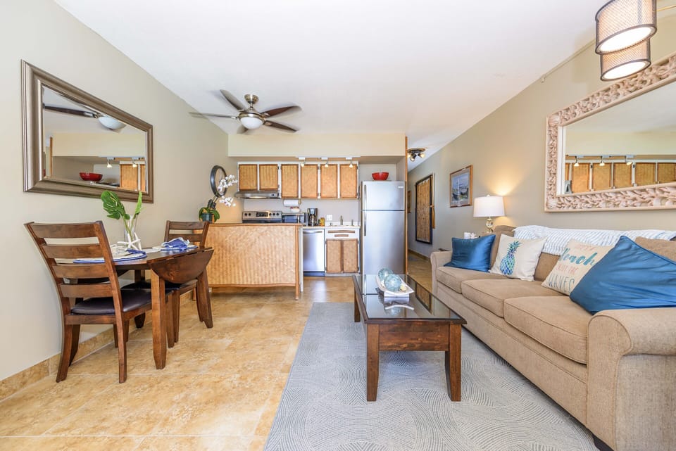 bamboo kitchen, dining table and couch