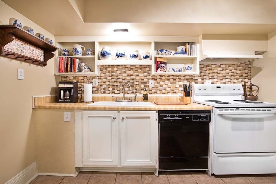 Front view of the well-equipped kitchen.