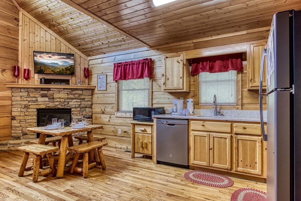 view of kitchen and the beautiful fire place