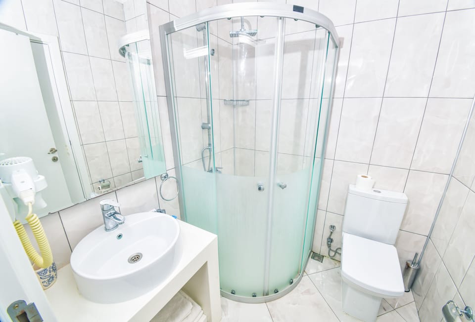 Shower, free toiletries, hair dryer, slippers
