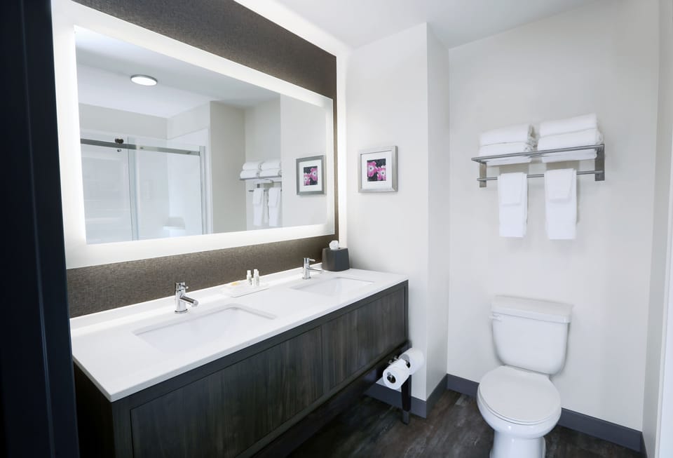 Combined shower/tub, free toiletries, hair dryer, towels