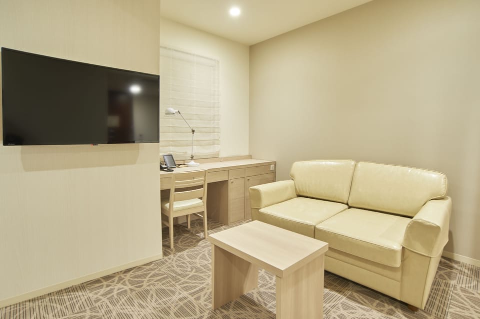 Deluxe Twin Room | Living area | Flat-screen TV, books
