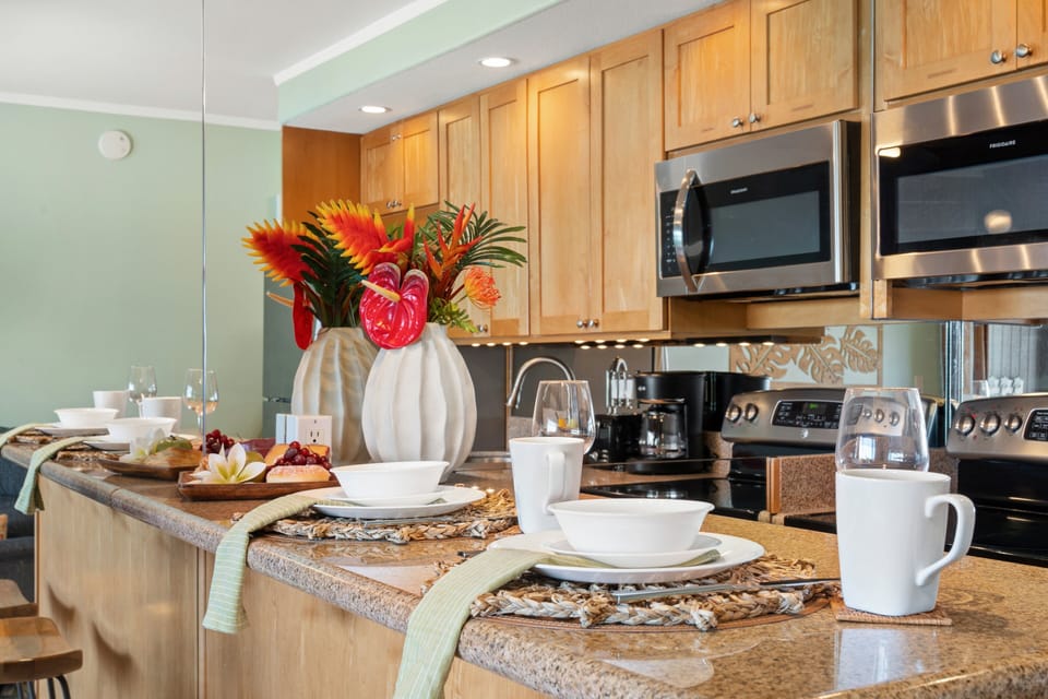 Kitchen counter setup ideal for casual meals and morning coffee.