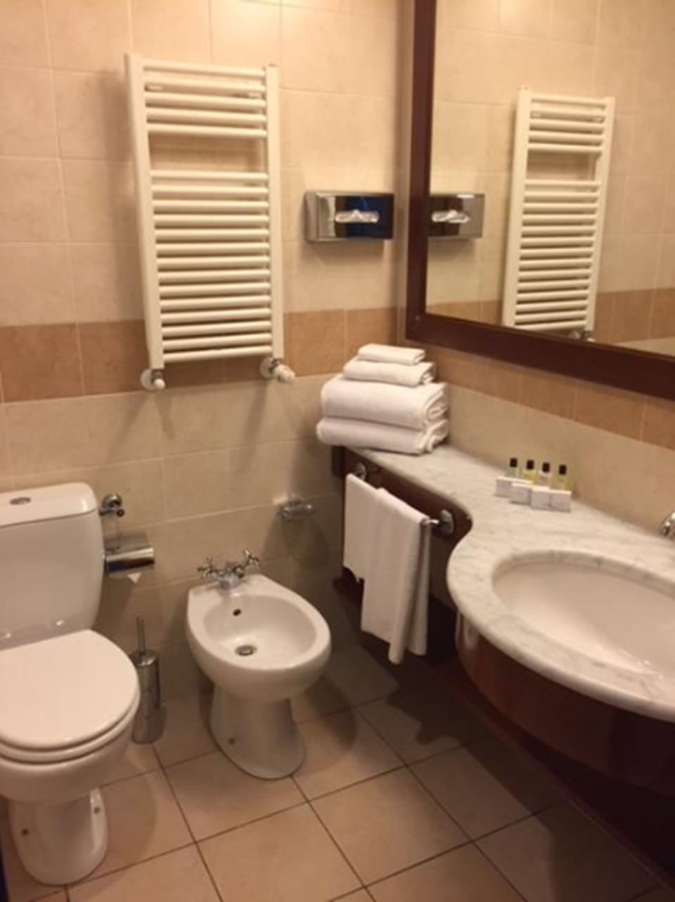 Combined shower/tub, free toiletries, hair dryer, bidet