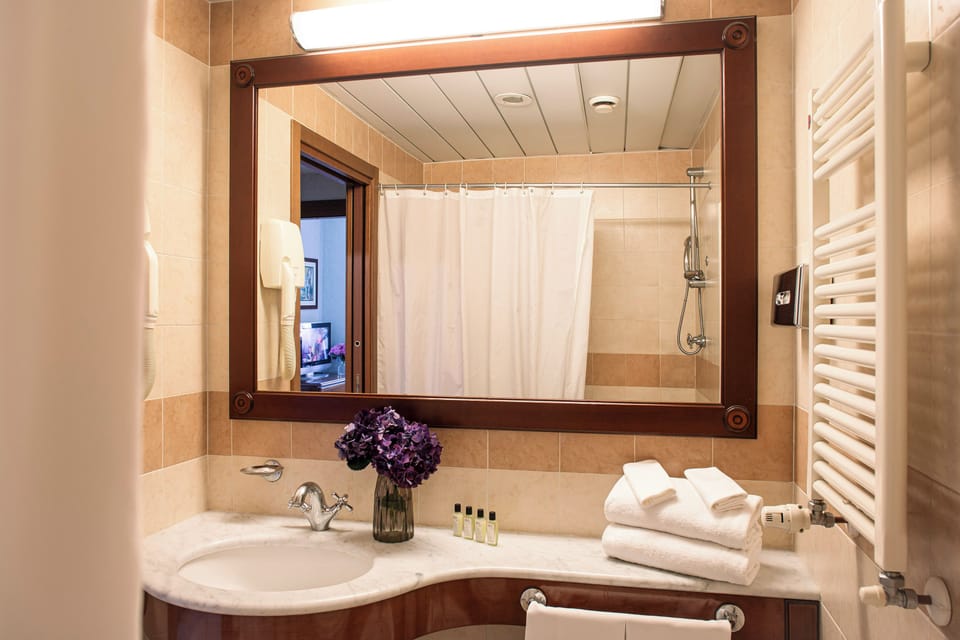 Combined shower/tub, free toiletries, hair dryer, bidet