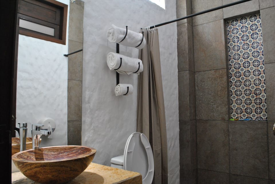 Shower, free toiletries, hair dryer, towels