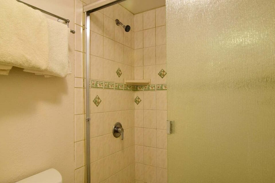 Enjoy this clean, easy‑access walk‑in shower with classic tile detailing and warm lighting