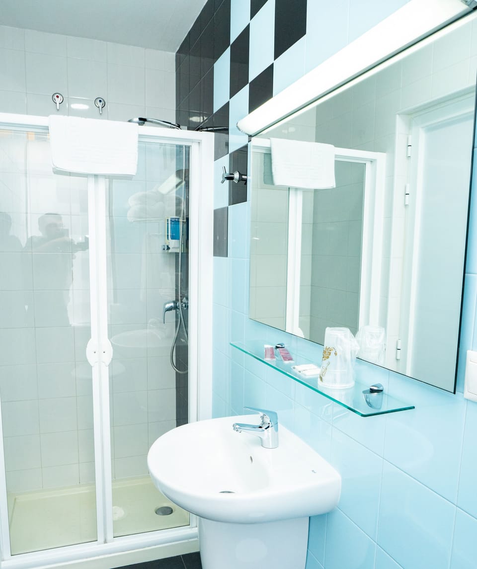 Shower, free toiletries, hair dryer, towels
