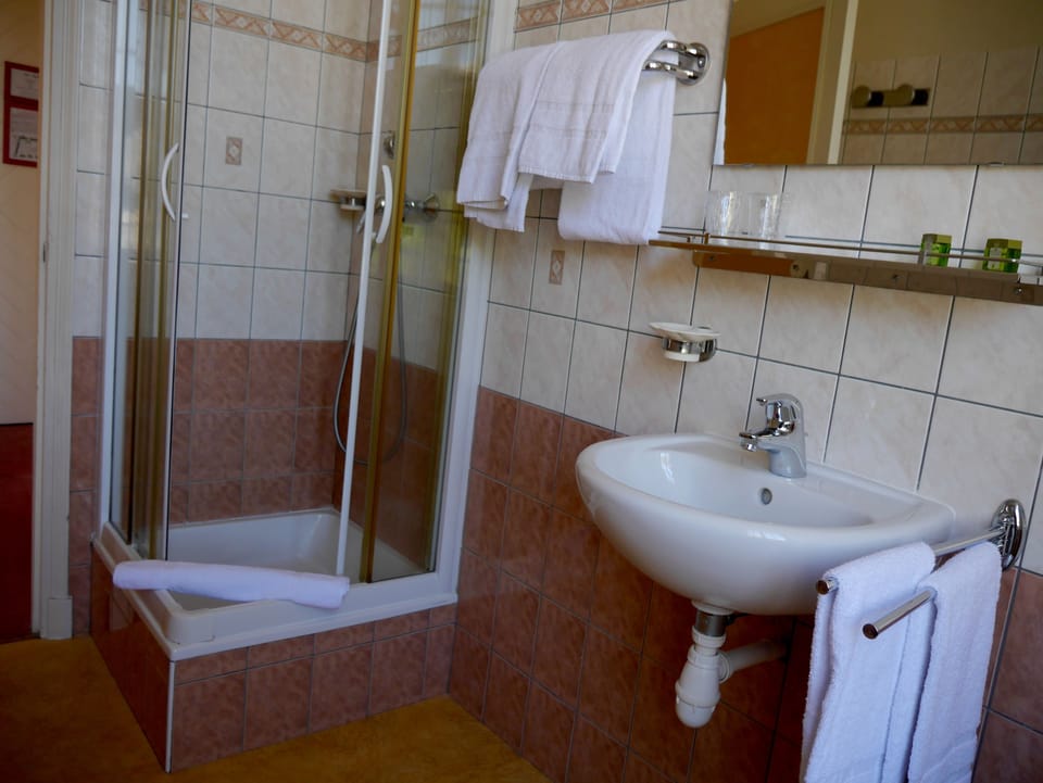 Shower, free toiletries, hair dryer, towels