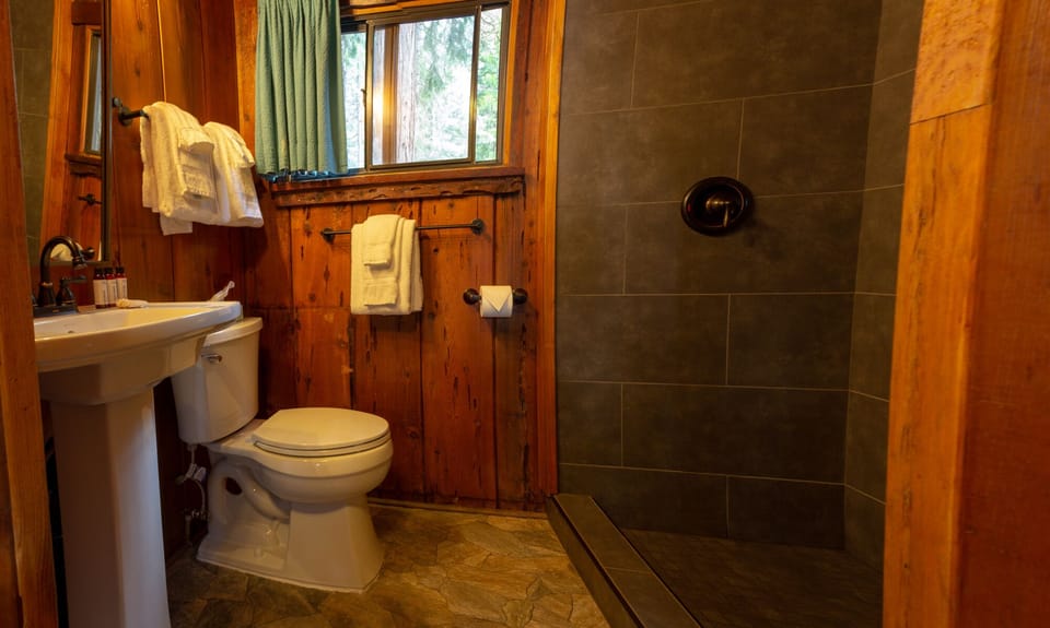Shower, designer toiletries, hair dryer, towels