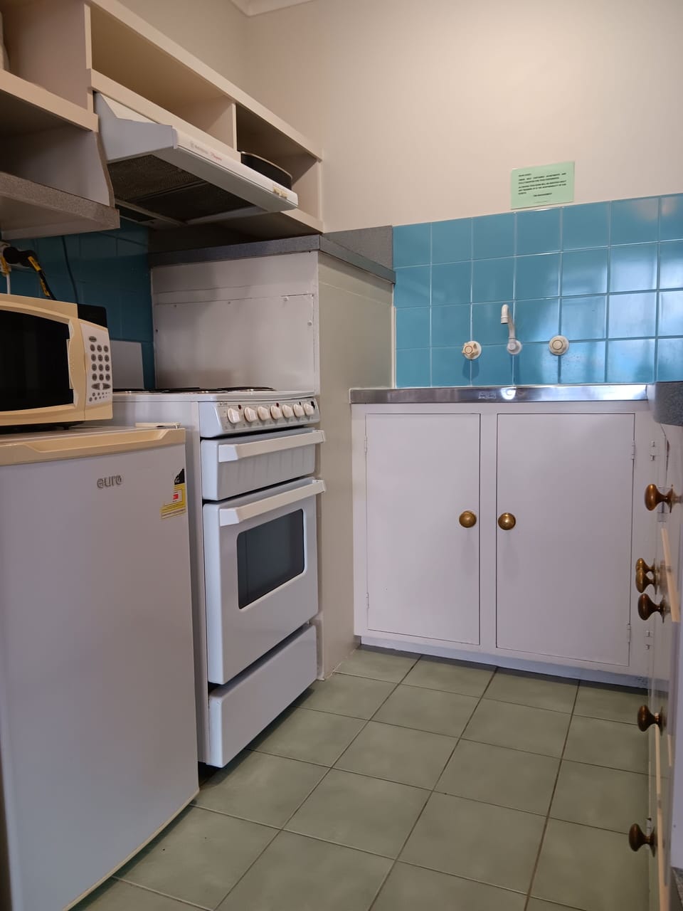 Fridge, microwave, electric kettle, toaster