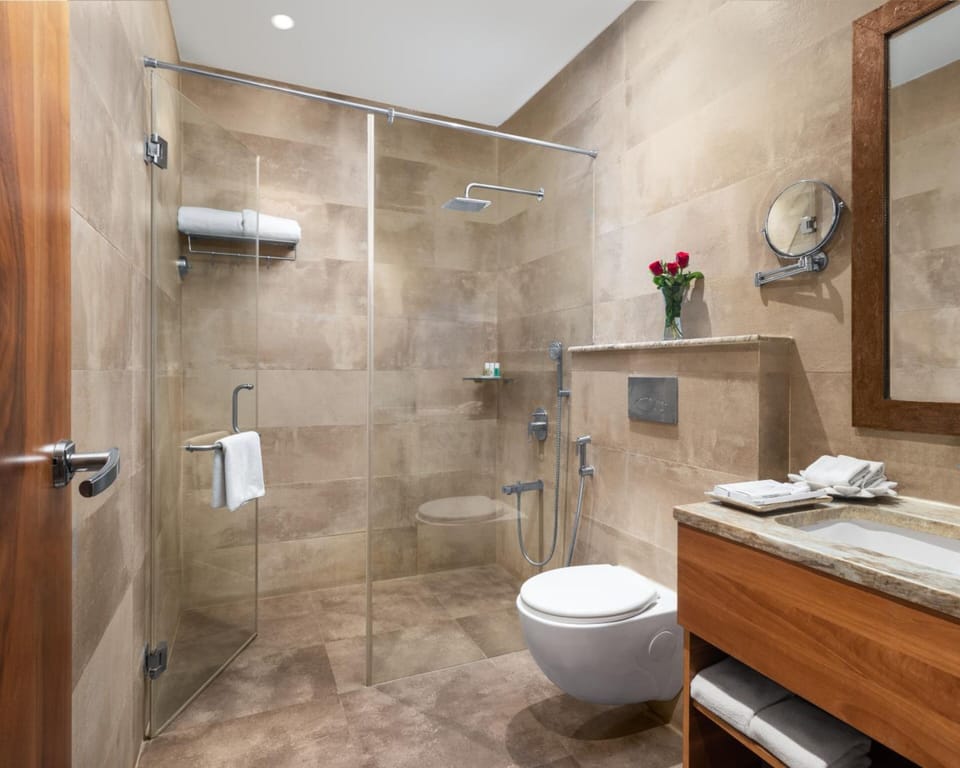 Shower, free toiletries, hair dryer, bathrobes