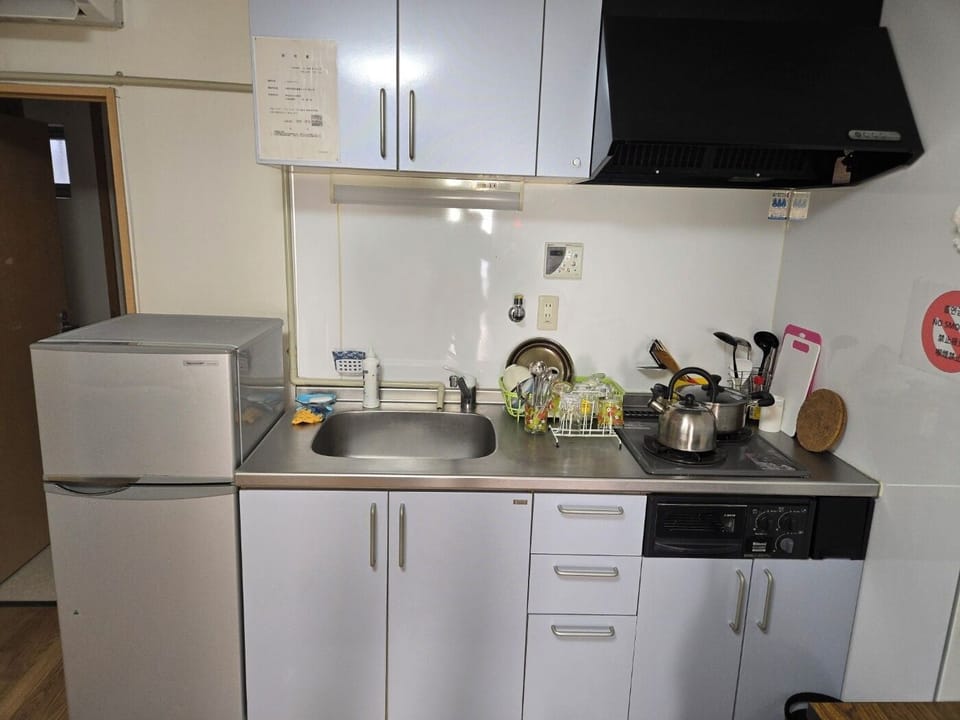 Full-size fridge, microwave, stovetop, rice cooker