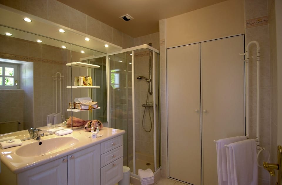 Deep soaking tub, free toiletries, hair dryer, towels