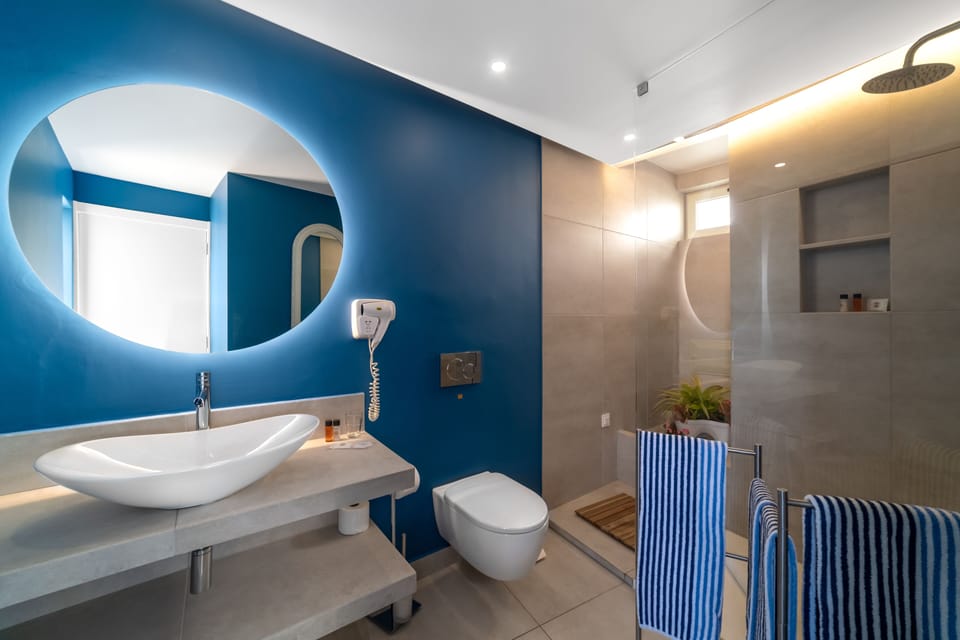 Double or Twin Room, Terrace, Sea View | Bathroom | Shower, hair dryer, towels, soap