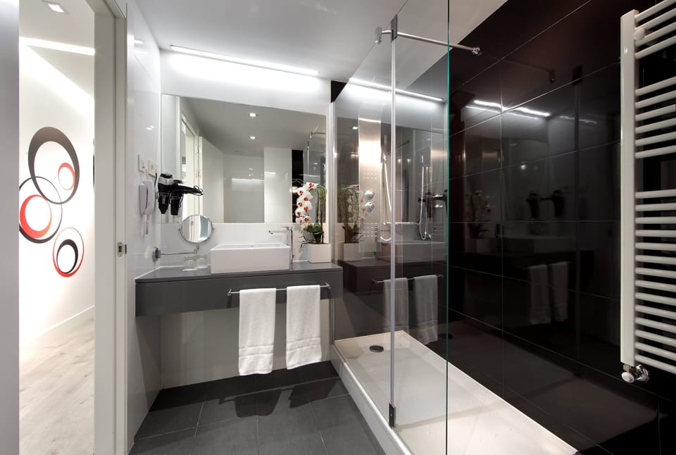Shower, eco-friendly toiletries, hair dryer, towels