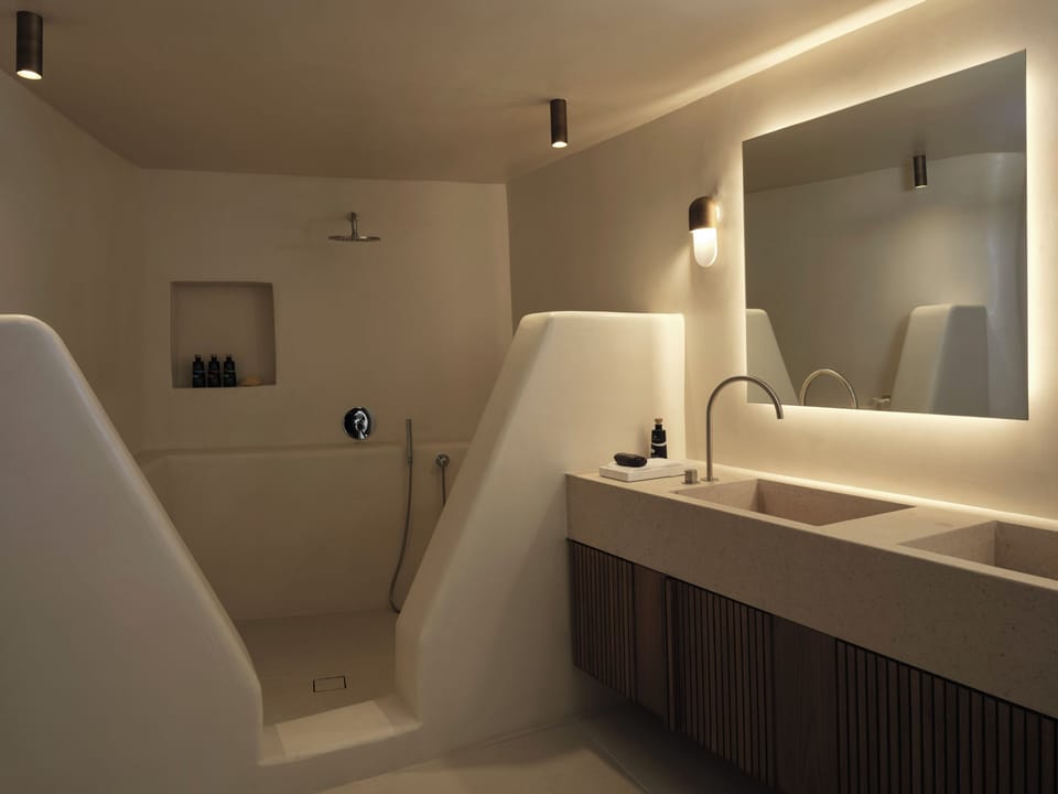 Sunset Villa Aristotelis with Infinity Pool | Bathroom | Designer toiletries, hair dryer, bathrobes, slippers