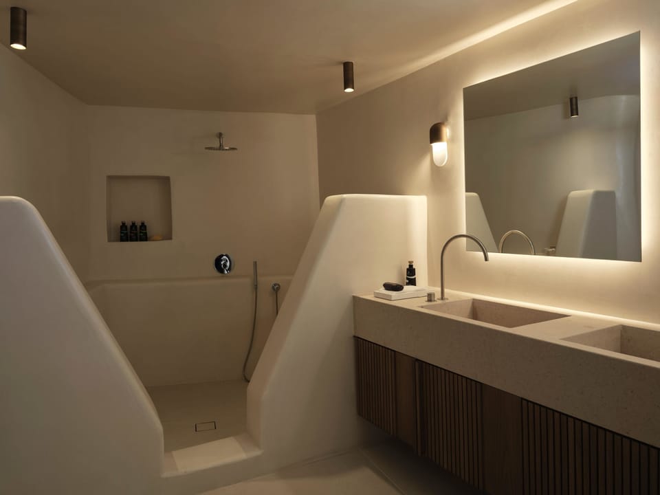 Sunset Villa Aristotelis with Infinity Pool | Bathroom | Designer toiletries, hair dryer, bathrobes, slippers