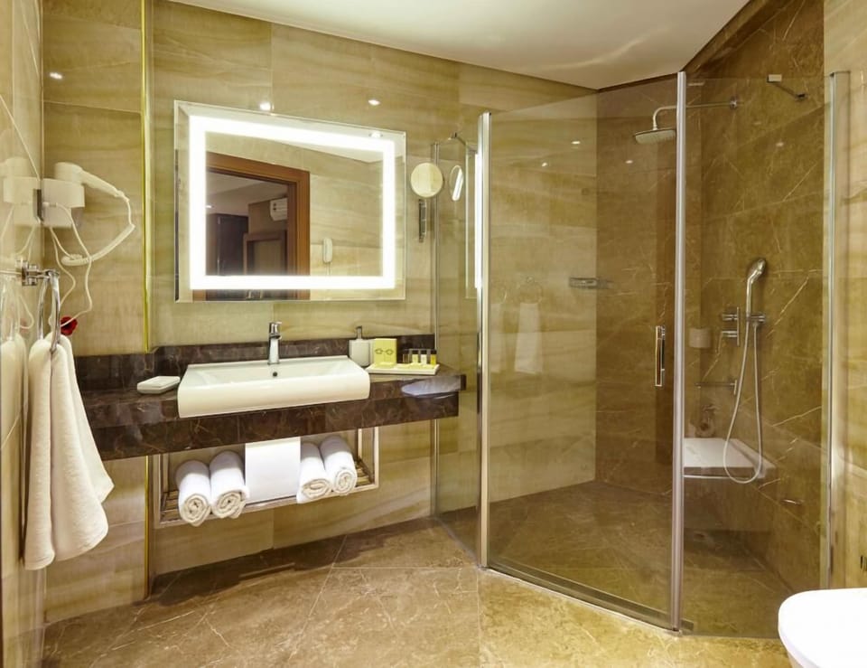 Shower, free toiletries, hair dryer, bathrobes