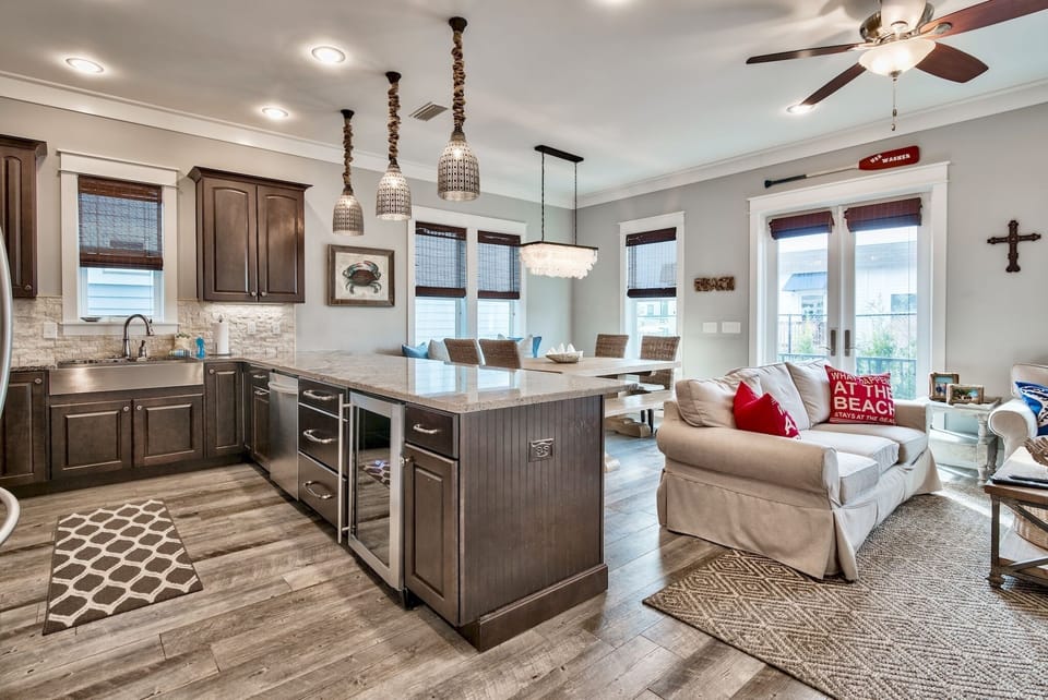 Kitchen features and extra drink refrigerator