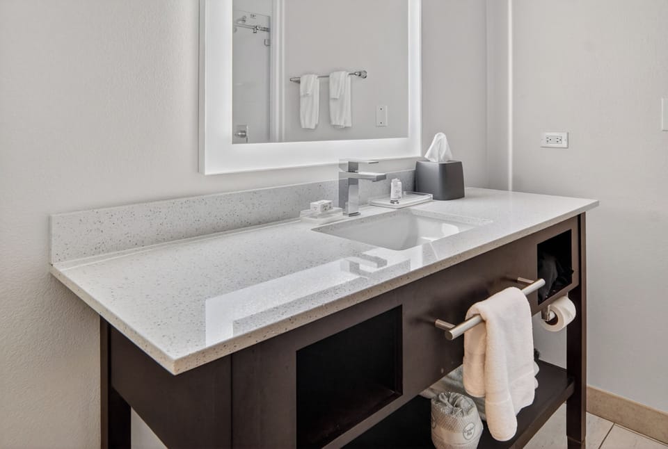 Combined shower/tub, free toiletries, hair dryer, towels