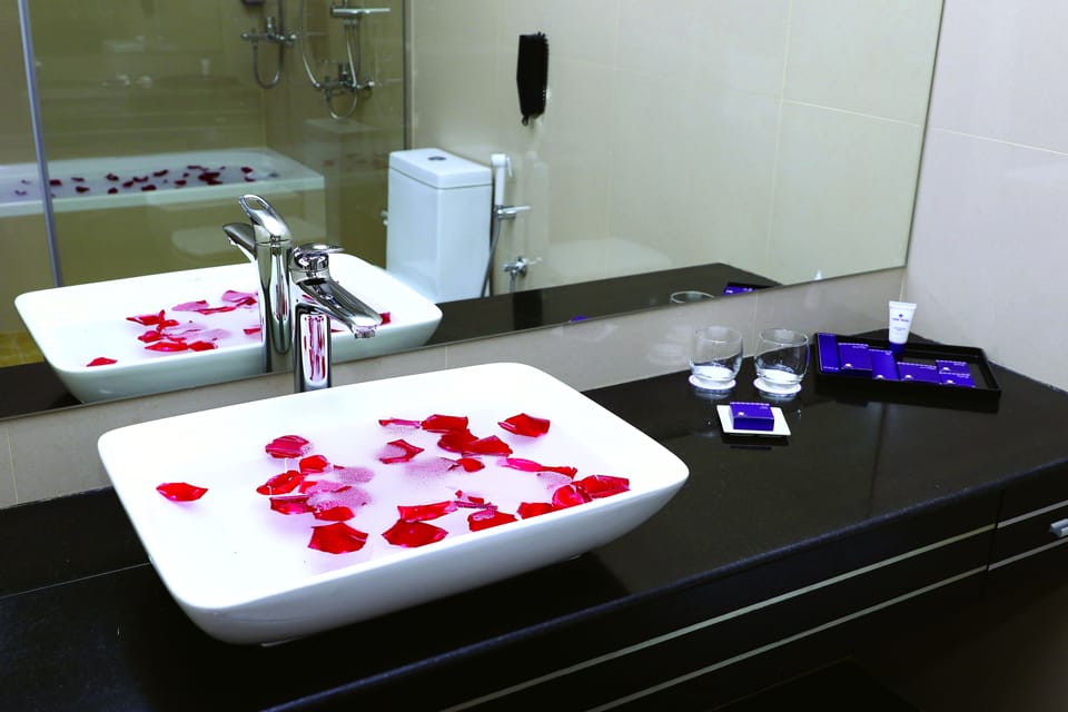 Combined shower/tub, deep soaking tub, free toiletries, hair dryer