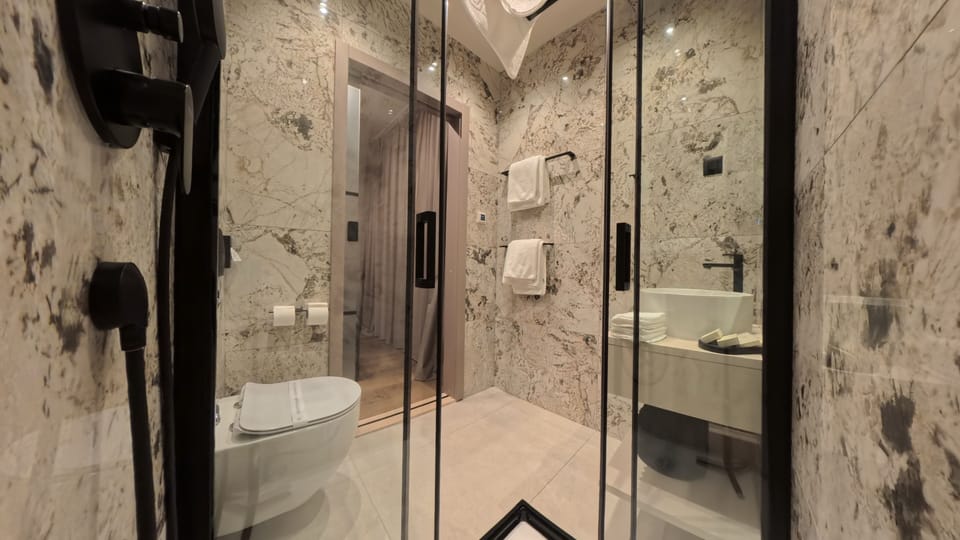 Shower, free toiletries, hair dryer, towels
