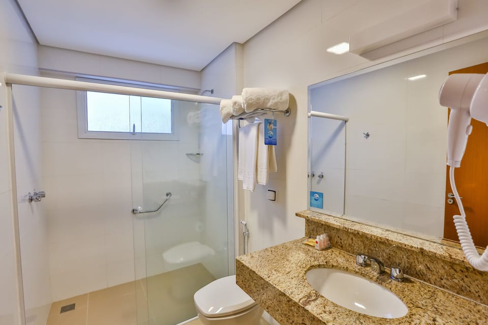 Shower, free toiletries, hair dryer, bidet