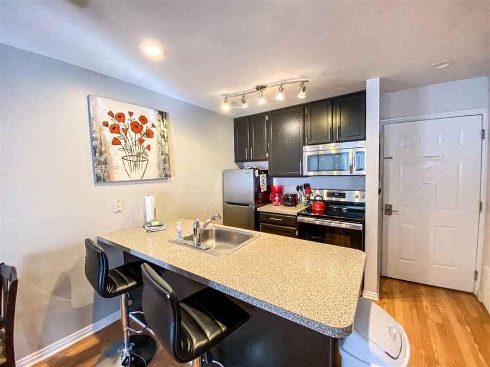 Sleek kitchen with bar seating and stainless steel appliances