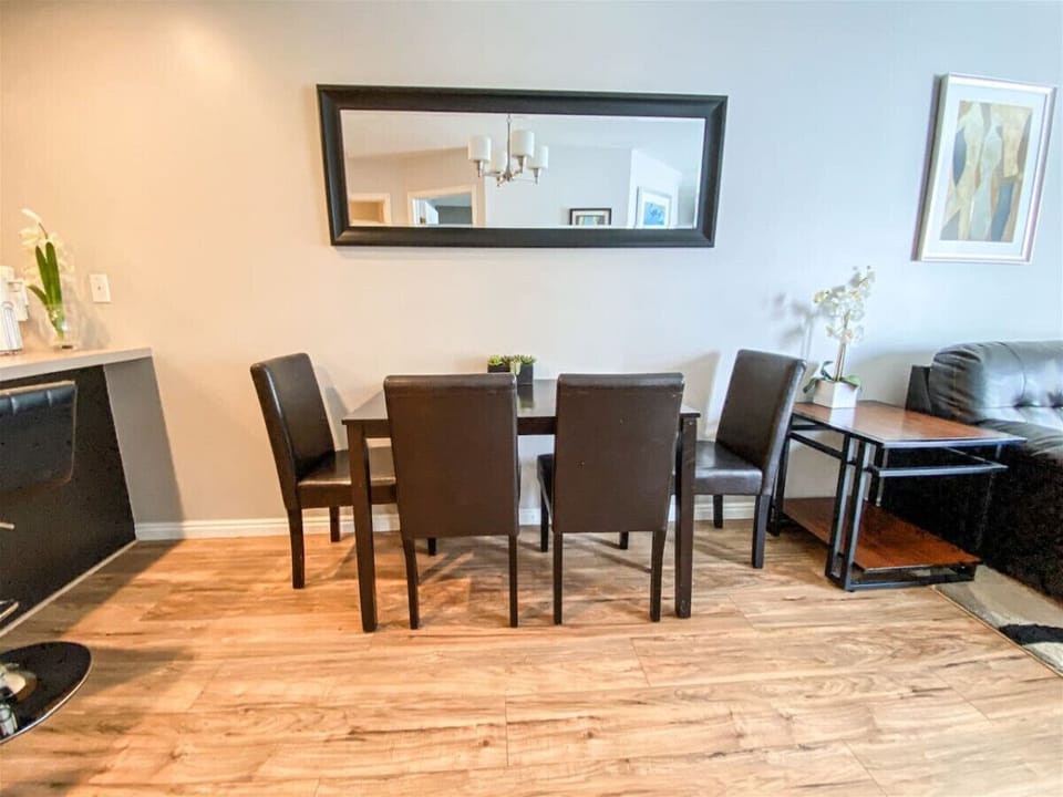 Intimate dining area with modern table and seating