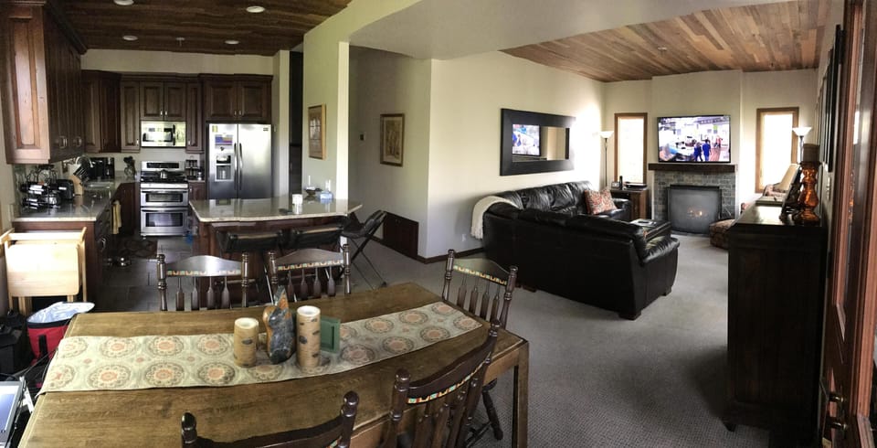 Dining table (seats 6) with counter in background (seats 3)