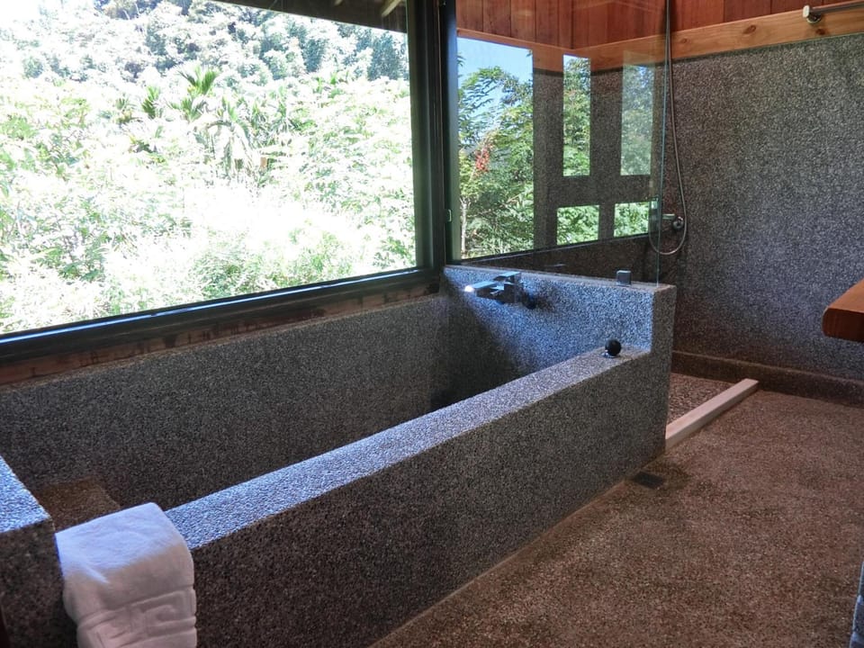 Separate tub and shower, deep soaking tub, free toiletries, hair dryer