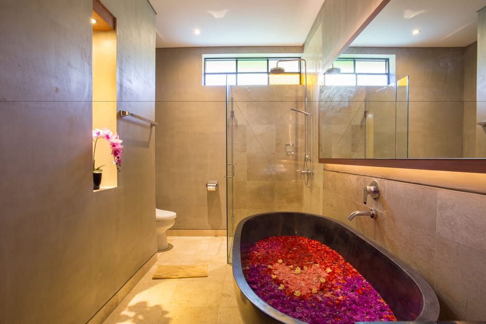 Shower, rainfall showerhead, free toiletries, hair dryer