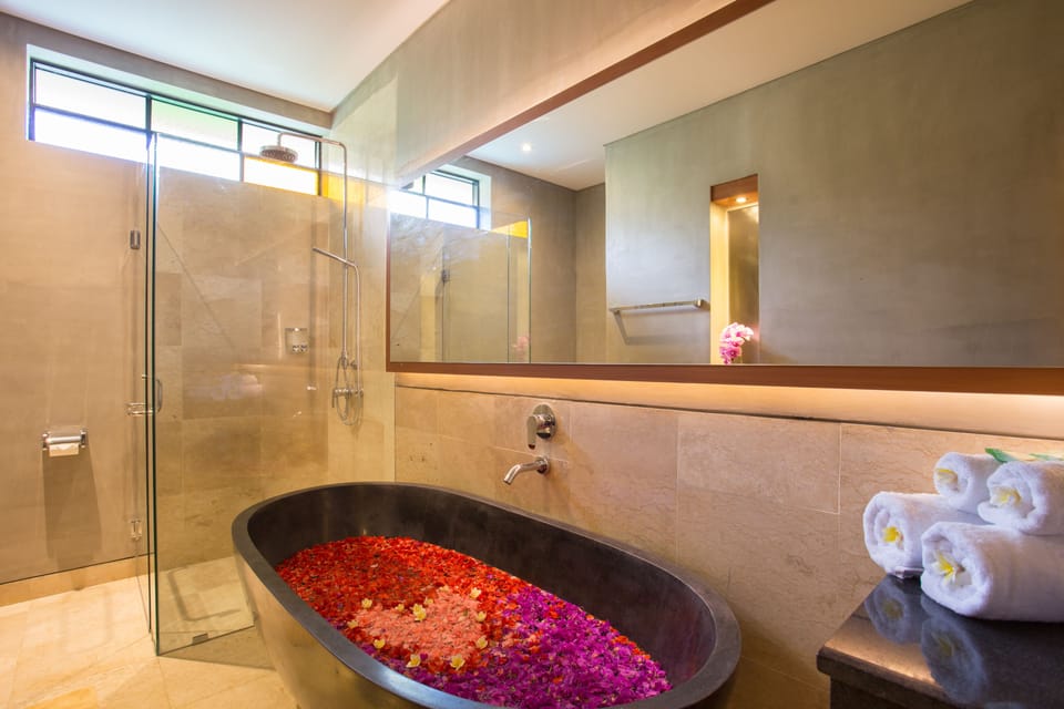Shower, rainfall showerhead, free toiletries, hair dryer