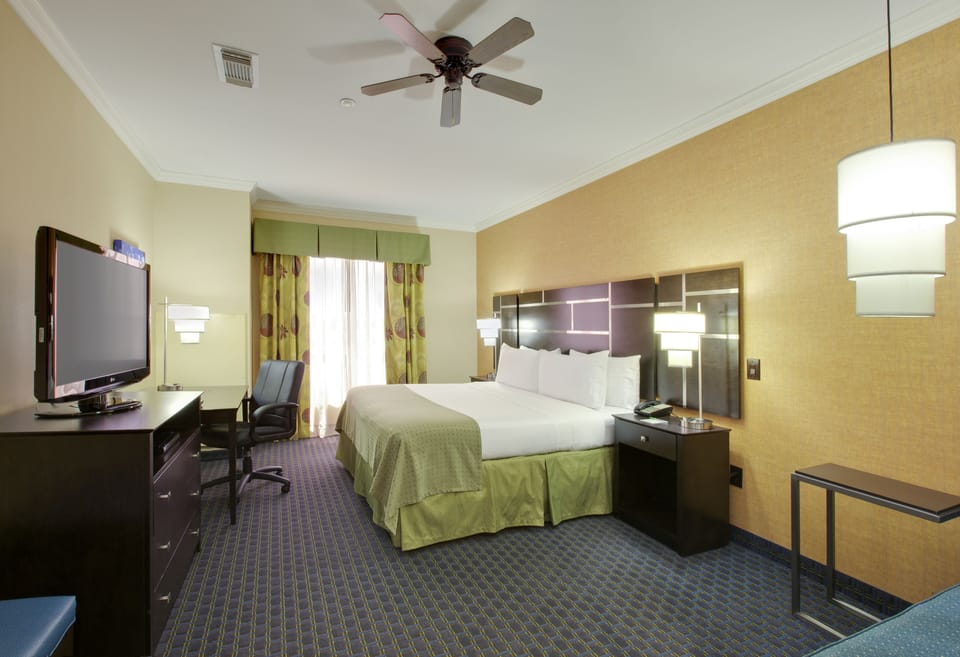 In-room safe, desk, iron/ironing board, cribs (free)