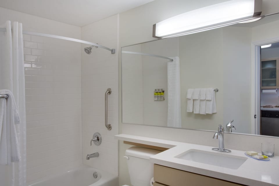 Hair dryer, towels, soap, shampoo