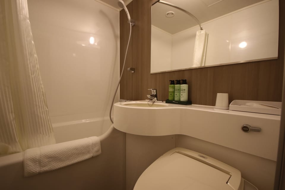 Combined shower/tub, free toiletries, hair dryer, slippers