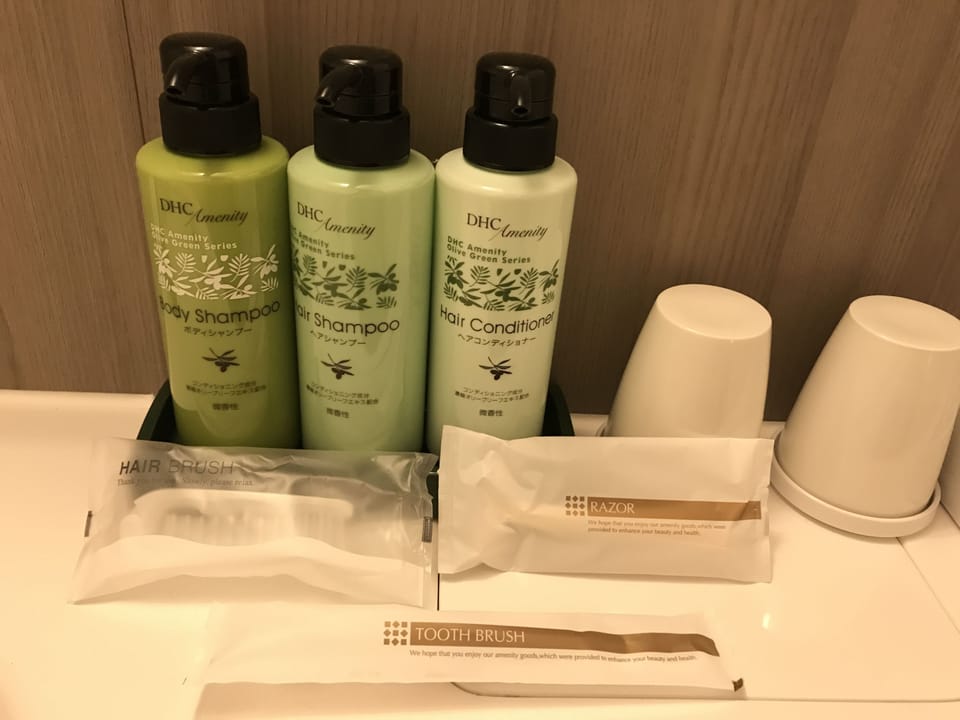 Combined shower/tub, free toiletries, hair dryer, slippers