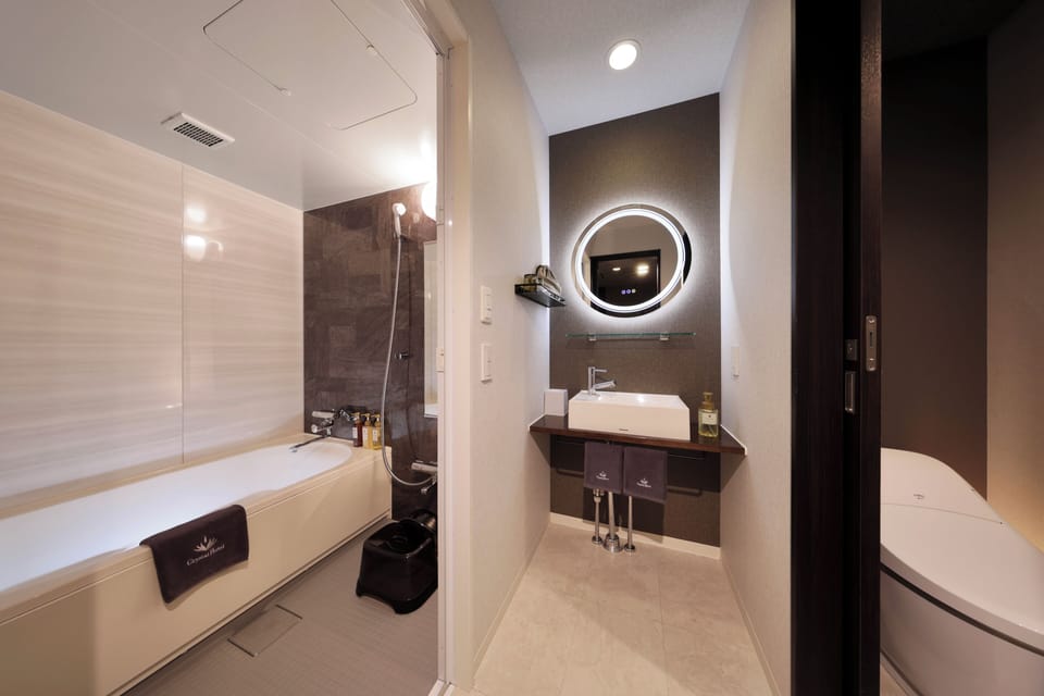 Separate tub and shower, free toiletries, hair dryer, bathrobes
