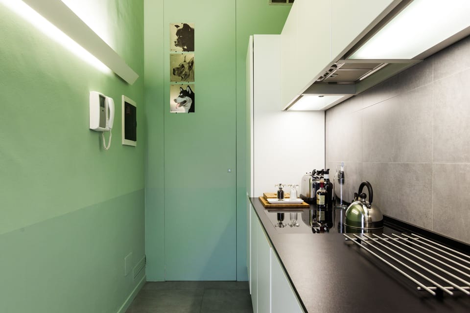 Fully equipped kitchen: induction hob, microwave, dishwasher, toaster, Nespresso